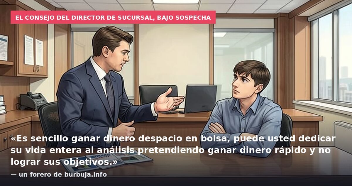 El consejo del director de sucursal, bajo sospecha: «Es sencillo ganar dinero despacio en bolsa, puede usted dedicar su vida entera al análisis pretendiendo ganar dinero rápido y no lograr sus objetivos.» — un forero de burbuja.info