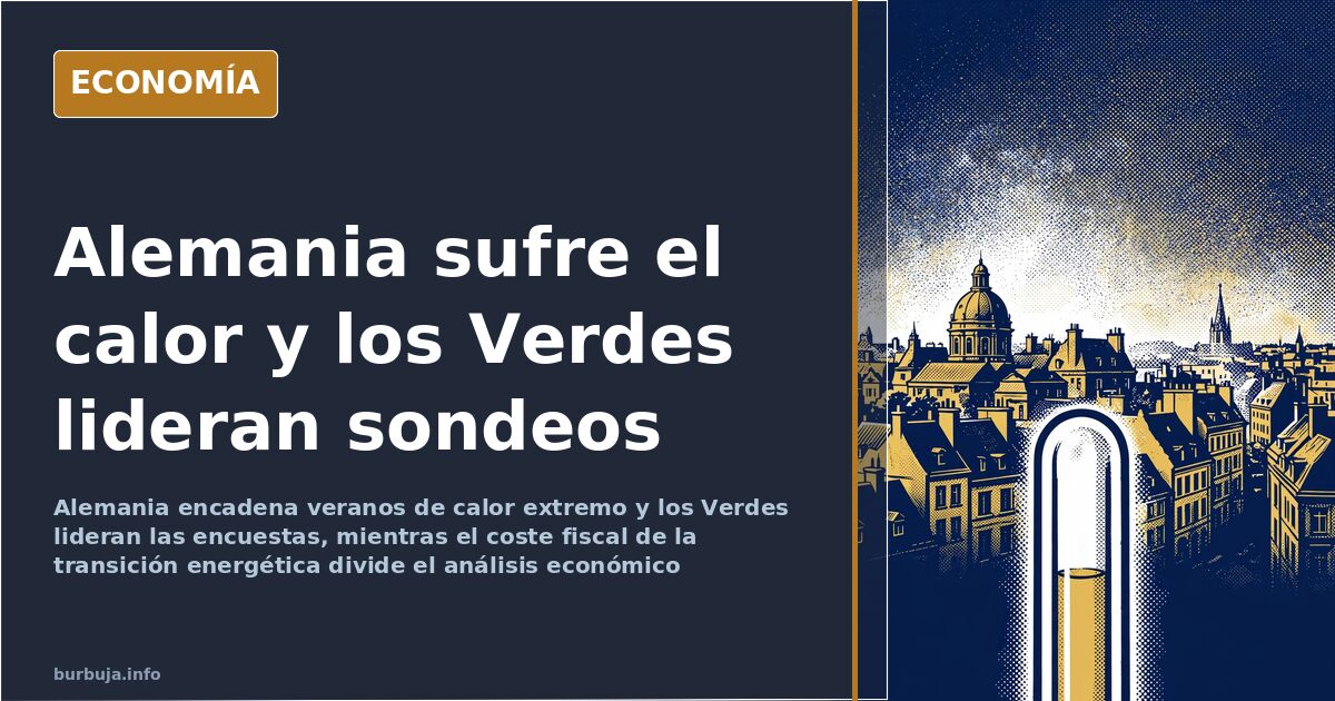Ciudad alemana bajo un cielo blanco con un gran termómetro marcando temperaturas extremas durante la ola de calor