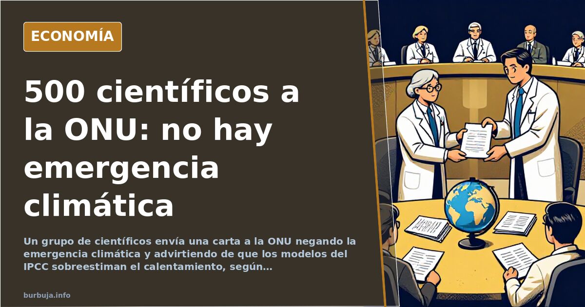 Ilustración editorial de científicos entregando una carta a la ONU sobre la emergencia climática