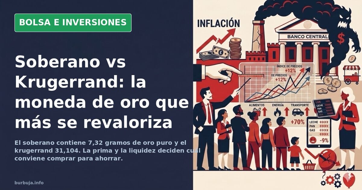 Gráfico de velas japonesas con la evolución del precio del oro y dos monedas, krugerrand y soberano sobre fondo oscuro