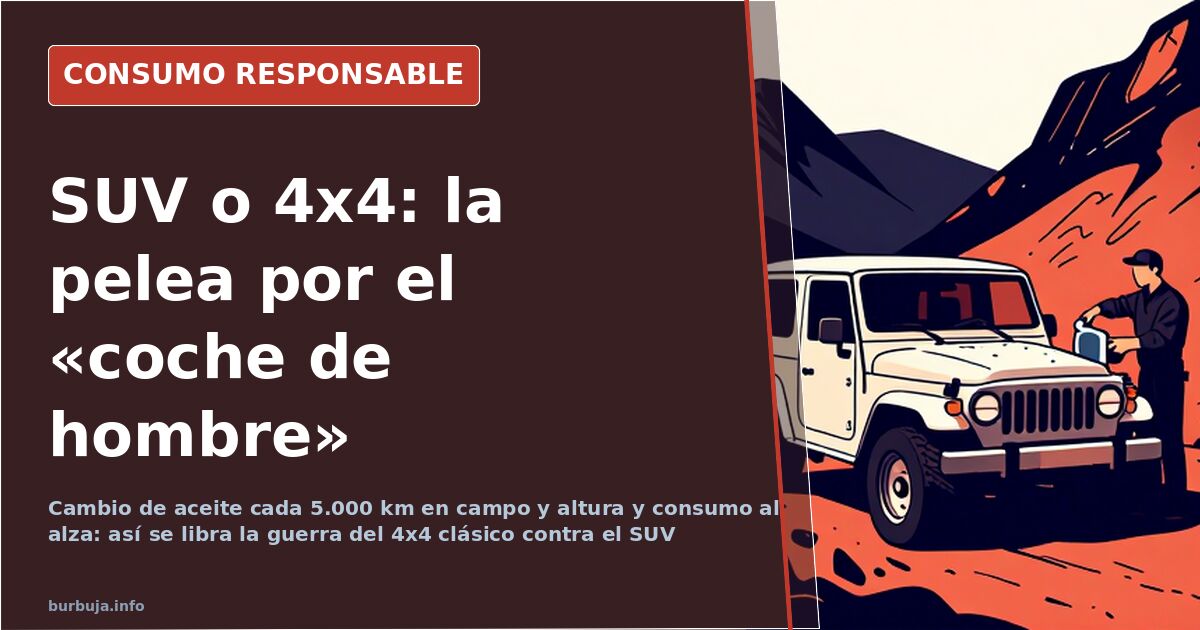 Todoterreno 4x4 clásico con ballestas aparcado en un camino de tierra junto a un moderno SUV urbano en una avenida