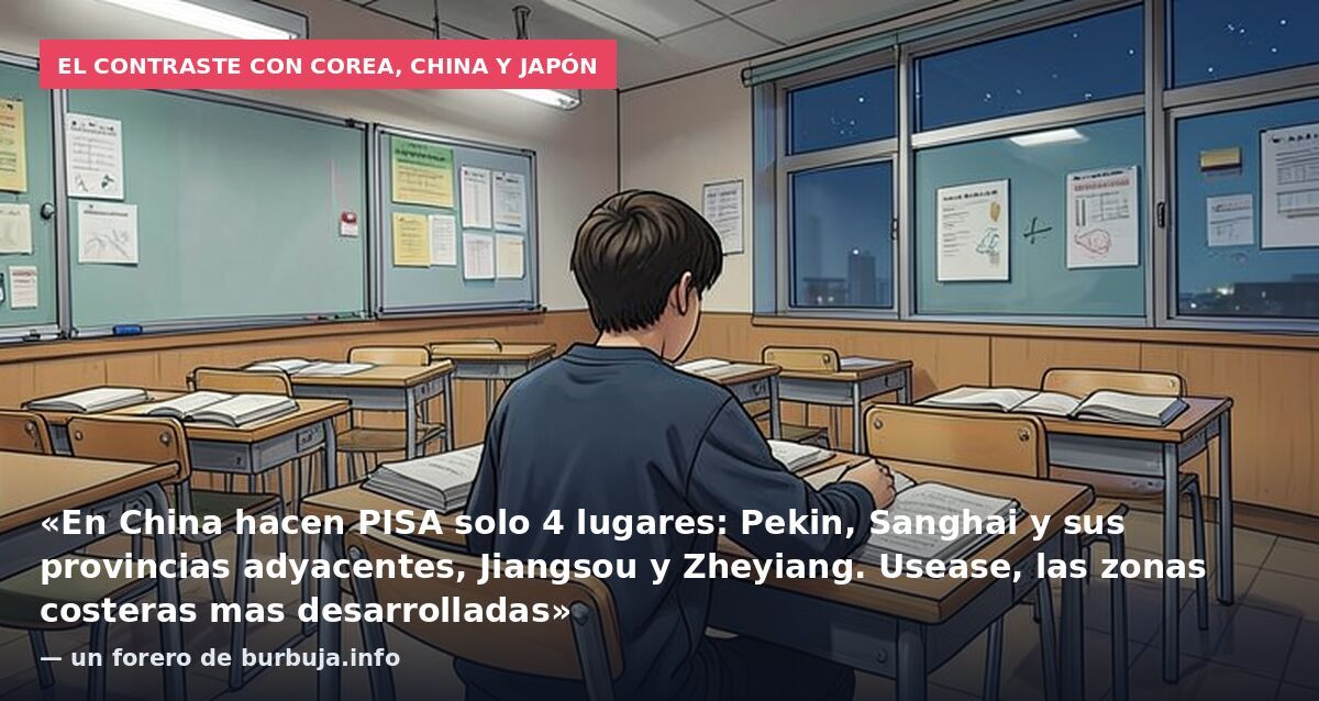 El contraste con Corea, China y Japón: «En China hacen PISA solo 4 lugares: Pekin, Sanghai y sus provincias adyacentes, Jiangsou y Zheyiang. Usease, las zonas costeras mas desarrolladas» — un forero de burbuja.info