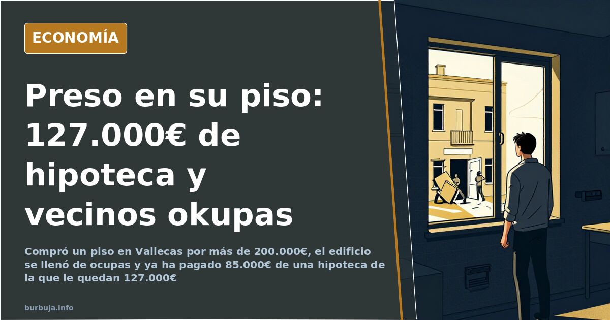 Bloque de viviendas en un barrio periférico de Madrid con las ventanas cerradas, ilustración sobre okupación e hipotecas