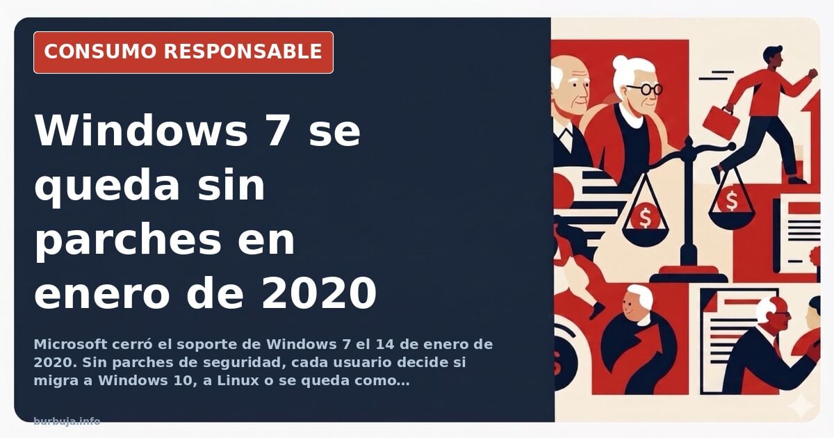 Pantalla de ordenador mostrando el escritorio de Windows 7 con el aviso de fin de soporte y la fecha de enero de 2020