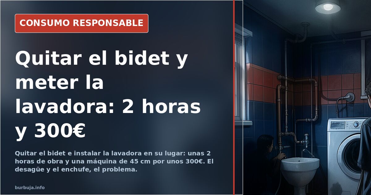 Baño con el bidet retirado y una lavadora de carga superior instalada en el hueco libre junto a las tomas de agua