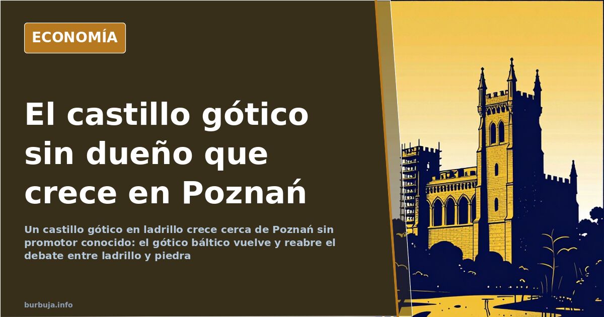 Castillo gótico en construcción de ladrillo con andamios y arcos apuntados junto a un lago y un bosque