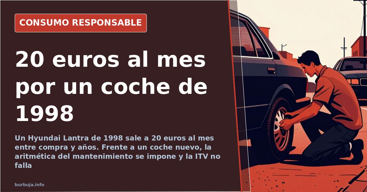 Coche de más de 20 años aparcado en la calle, con la ITV en regla y el capó abierto para revisar el motor