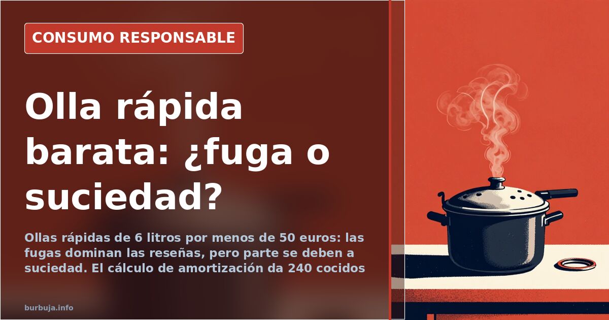 Olla rápida de acero inoxidable con válvula y mango sobre una cocina, mostrando el mecanismo de cierre y la junta de goma