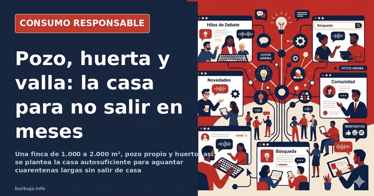 Boceto de casa autosuficiente con huerto, invernadero y zona de aparcamiento dentro de una parcela con valla perimetral