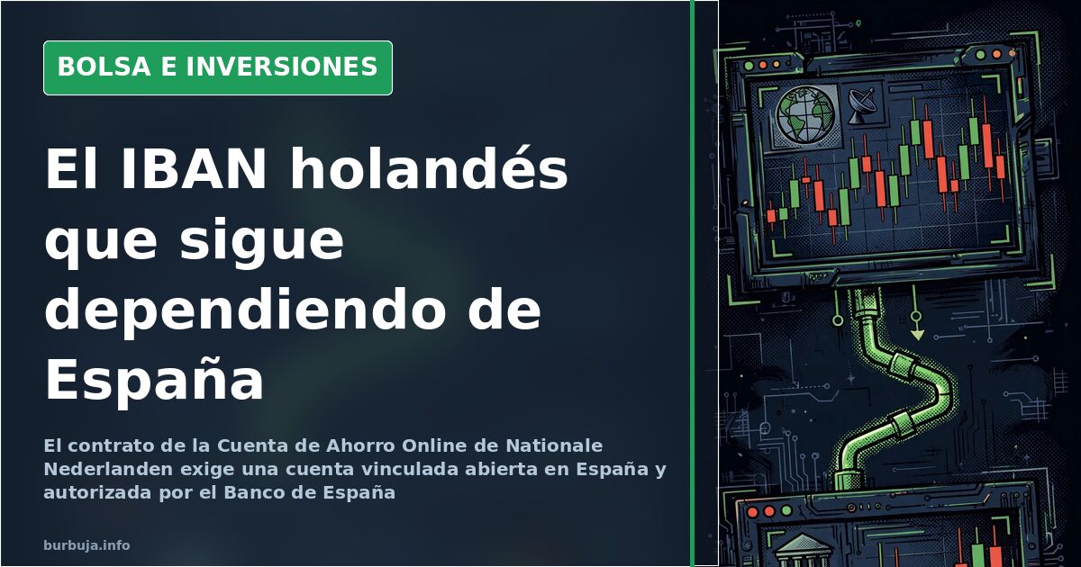 Pantalla oscura con gráficos de velas en rojo y verde que ilustra una cuenta con IBAN holandés vinculada a España