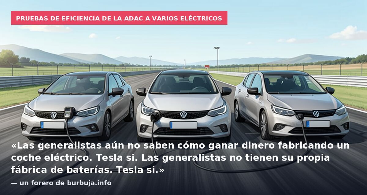 Pruebas de eficiencia de la ADAC a varios eléctricos: «Las generalistas aún no saben cómo ganar dinero fabricando un coche eléctrico. Tesla si. Las generalistas no tienen su propia fábrica de baterías. Tesla si.» — un forero de burbuja.info