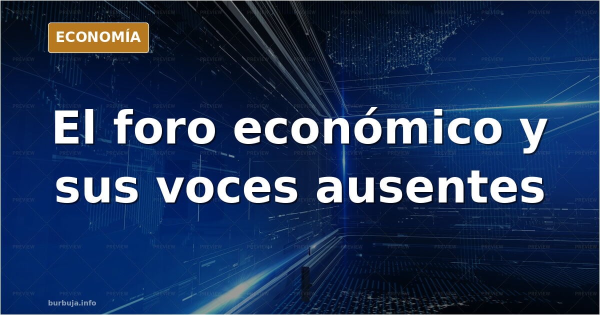 Ilustración editorial de un foro económico vacío con sillas desocupadas y gráficos bursátiles en la pared