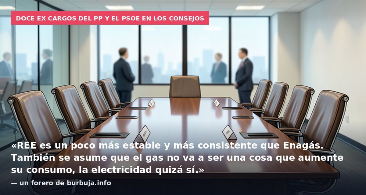 Doce ex cargos del PP y el PSOE en los consejos: «REE es un poco más estable y más consistente que Enagás. También se asume que el gas no va a ser una cosa que aumente su consumo, la electricidad quizá sí.» — un forero de burbuja.info