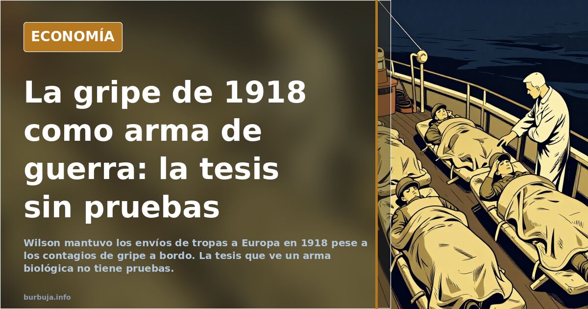 Ilustración editorial en azul marino y dorado de soldados de la gripe de 1918 embarcando hacia el frente europeo entre vapore