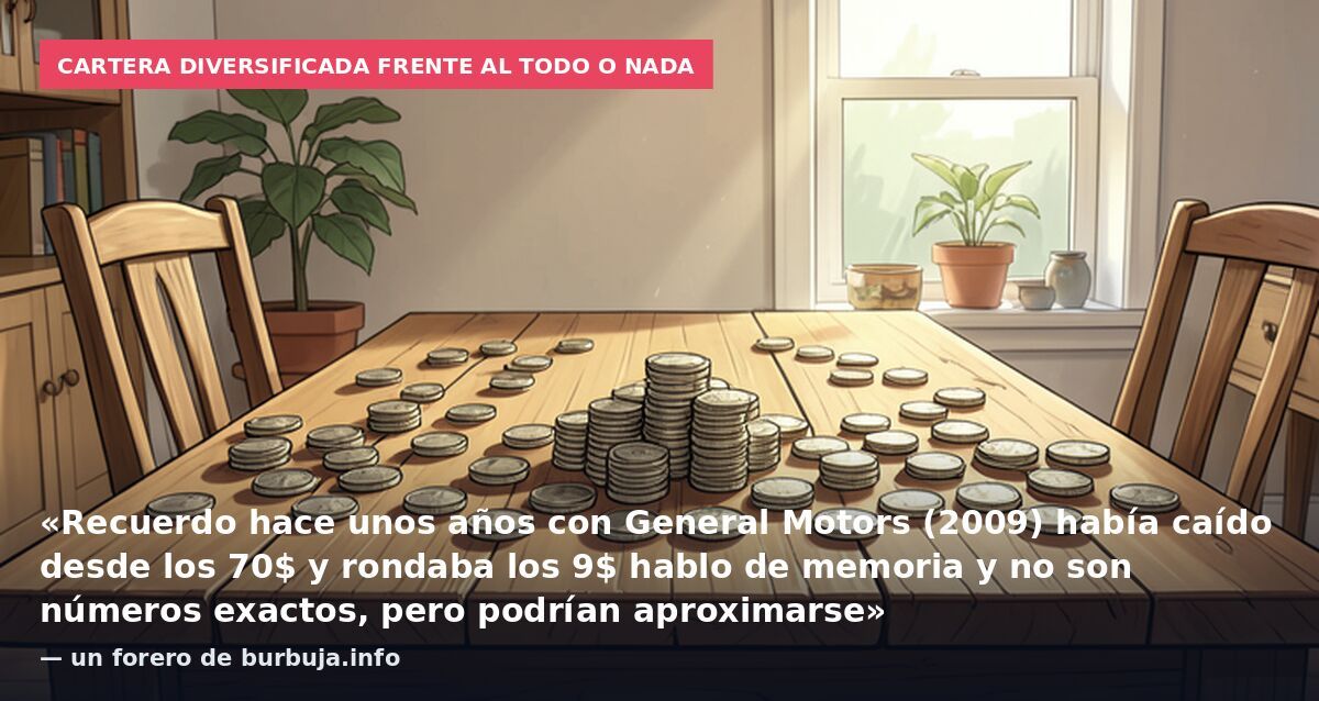 Cartera diversificada frente al todo o nada: «Recuerdo hace unos años con General Motors (2009) había caído desde los 70$ y rondaba los 9$ hablo de memoria y no son números exactos, pero podrían aproximarse» — un forero de burbuja.info