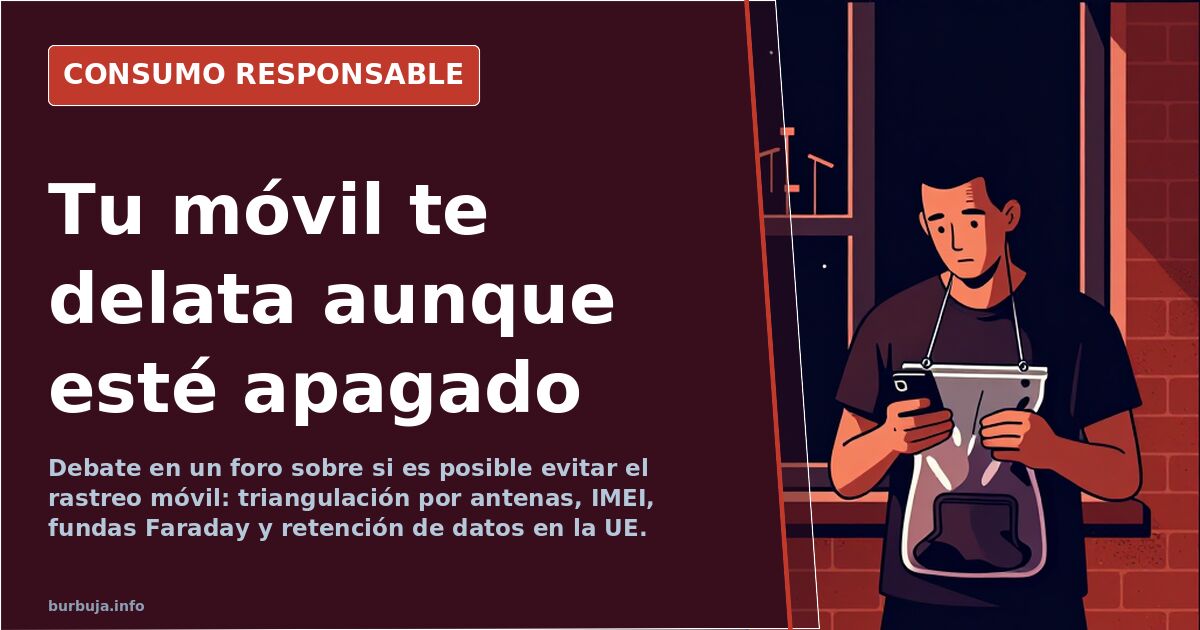 Teléfono móvil dentro de una funda bloqueadora de señal sobre una mesa, con antenas de telefonía al fondo