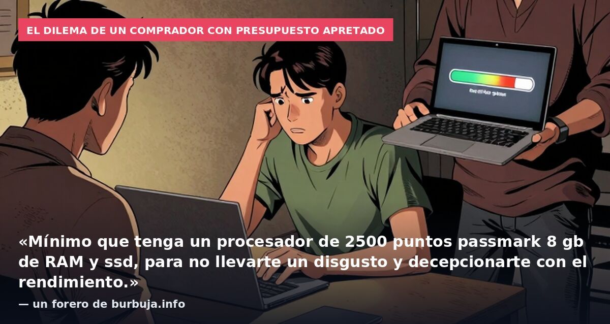El dilema de un comprador con presupuesto apretado: «Mínimo que tenga un procesador de 2500 puntos passmark 8 gb de RAM y ssd, para no llevarte un disgusto y decepcionarte con el rendimiento.» — un forero de burbuja.info