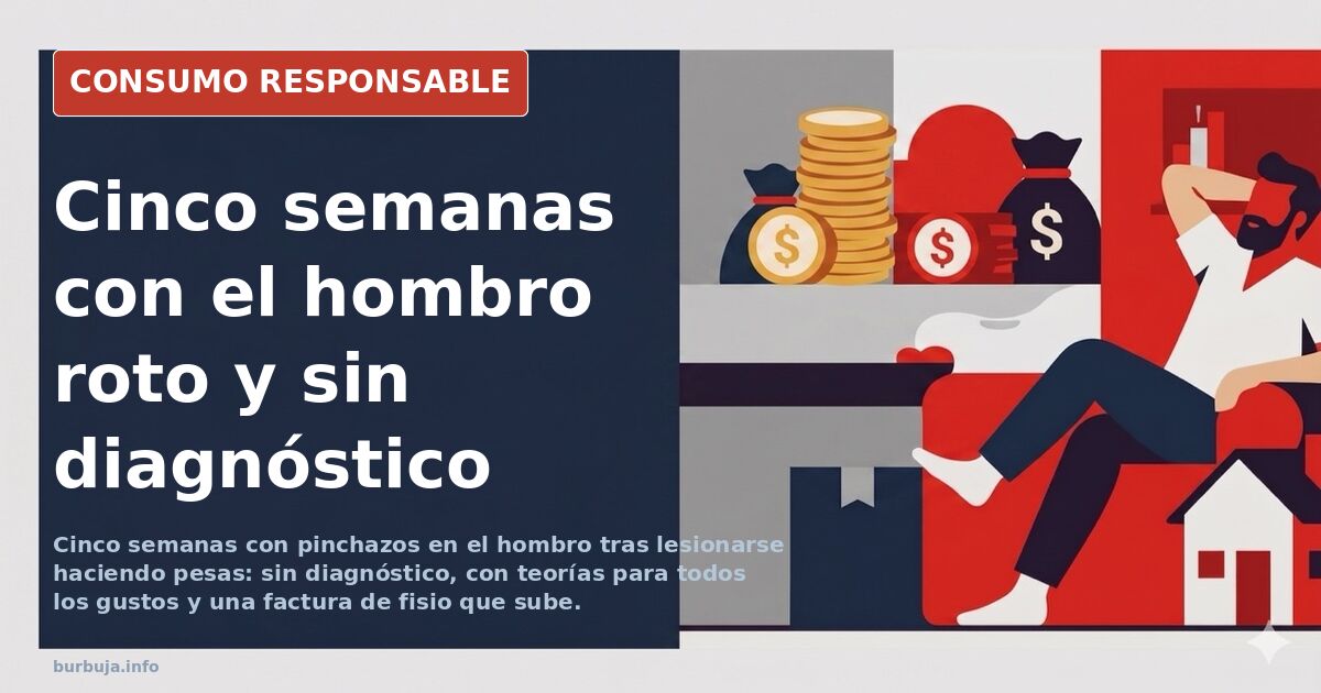 Hombre con dolor de hombro tras lesionarse haciendo pesas, sujetando el brazo con gesto de molestia