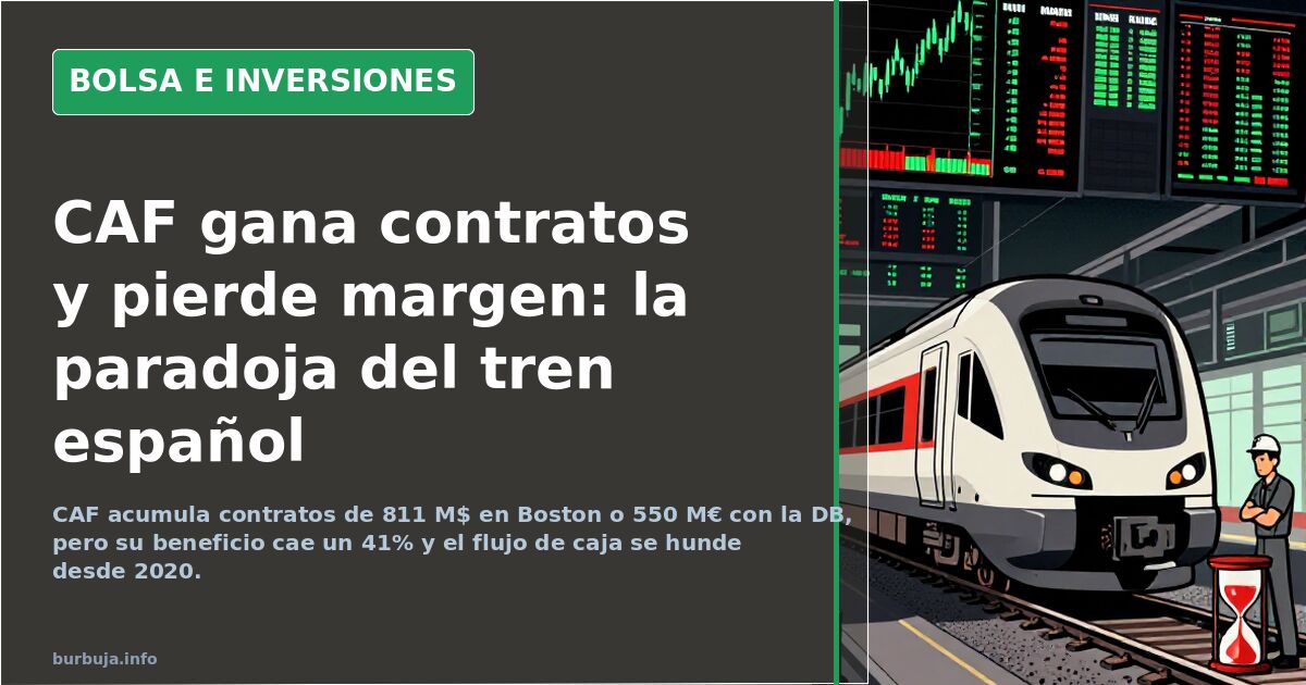 Gráfico bursátil con velas japonesas en rojo y verde y pantallas de cotización sobre la evolución de las acciones de CAF