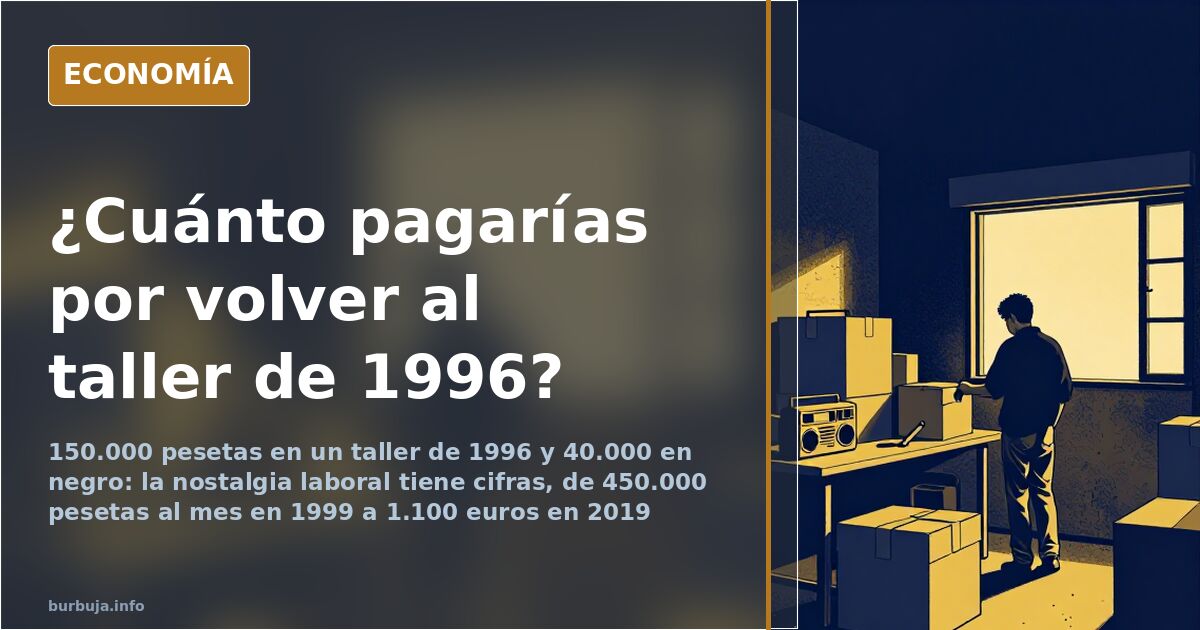 Ilustración editorial de un taller de barrio en 1996 con cajas de cartón, una radio encendida y un joven trabajador