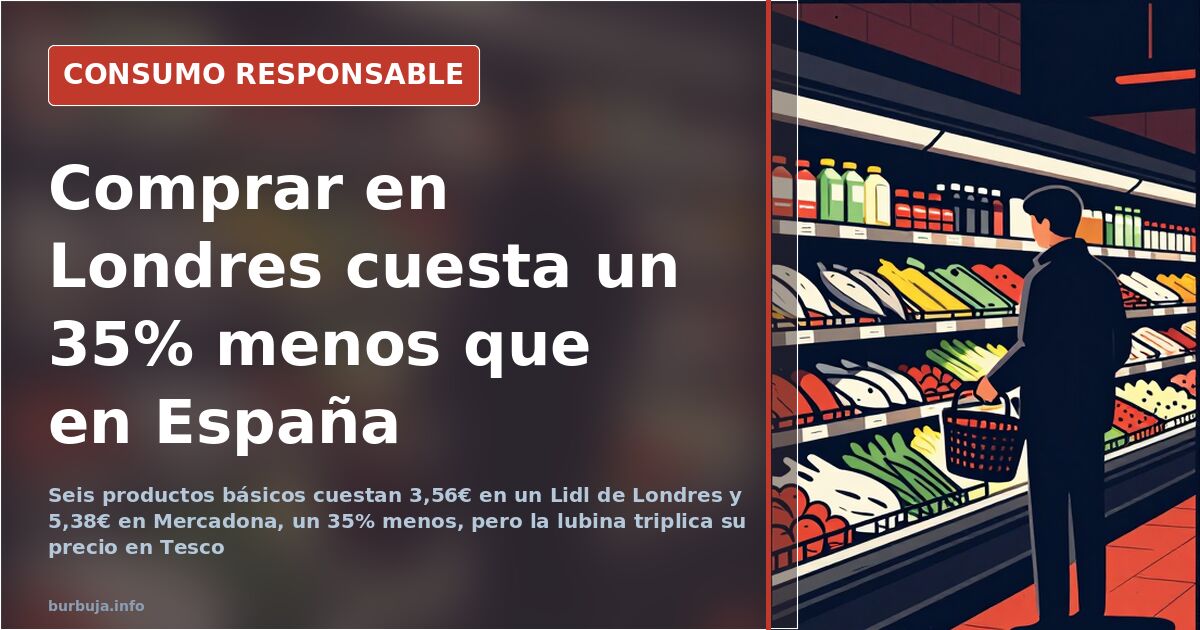 Estantería de supermercado con productos de marca blanca y etiquetas de precio, comparativa de cesta de la compra entre Reino