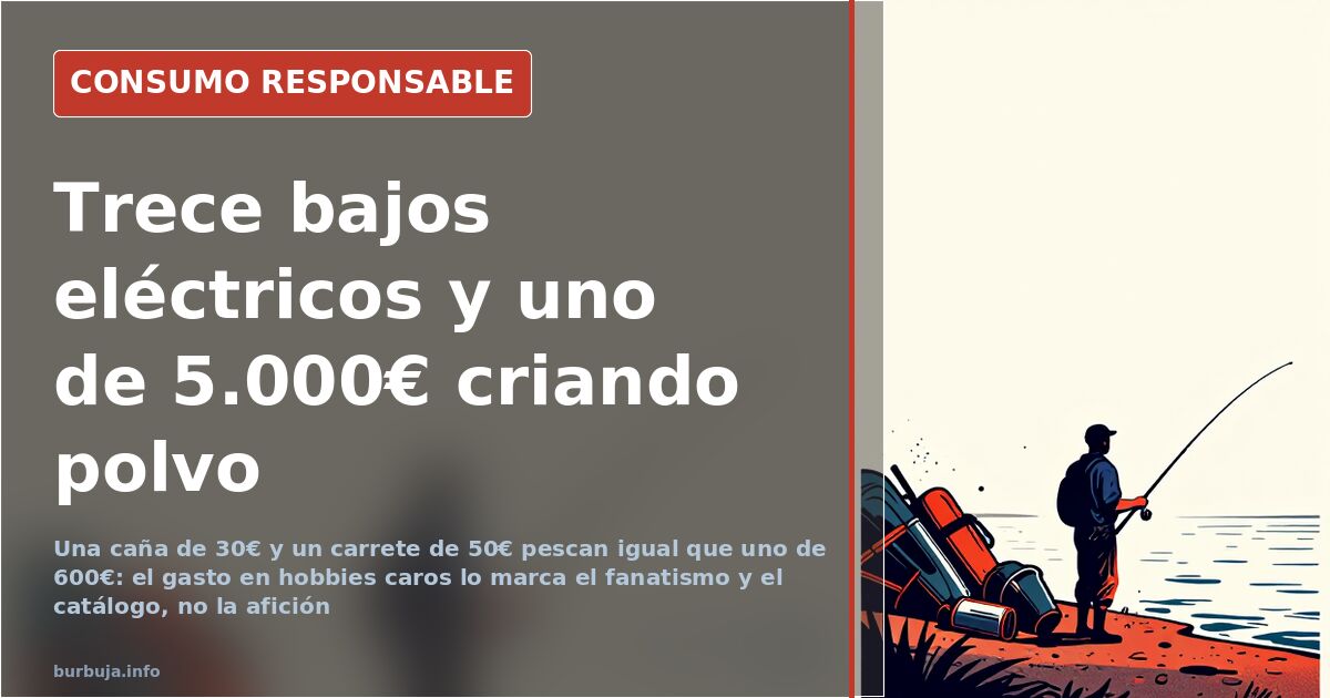 Cañas de pescar, carretes y señuelos apilados en una tienda de material de pesca, ejemplo de hobbies que incitan al consumo m