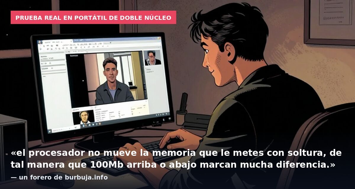 Prueba real en portátil de doble núcleo: «el procesador no mueve la memoria que le metes con soltura, de tal manera que 100Mb arriba o abajo marcan mucha diferencia.» — un forero de burbuja.info