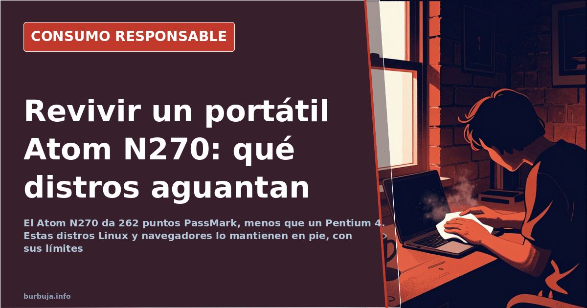 Netbook antiguo con Intel Atom N270 ejecutando una distro Linux ligera sobre 2 GB de RAM