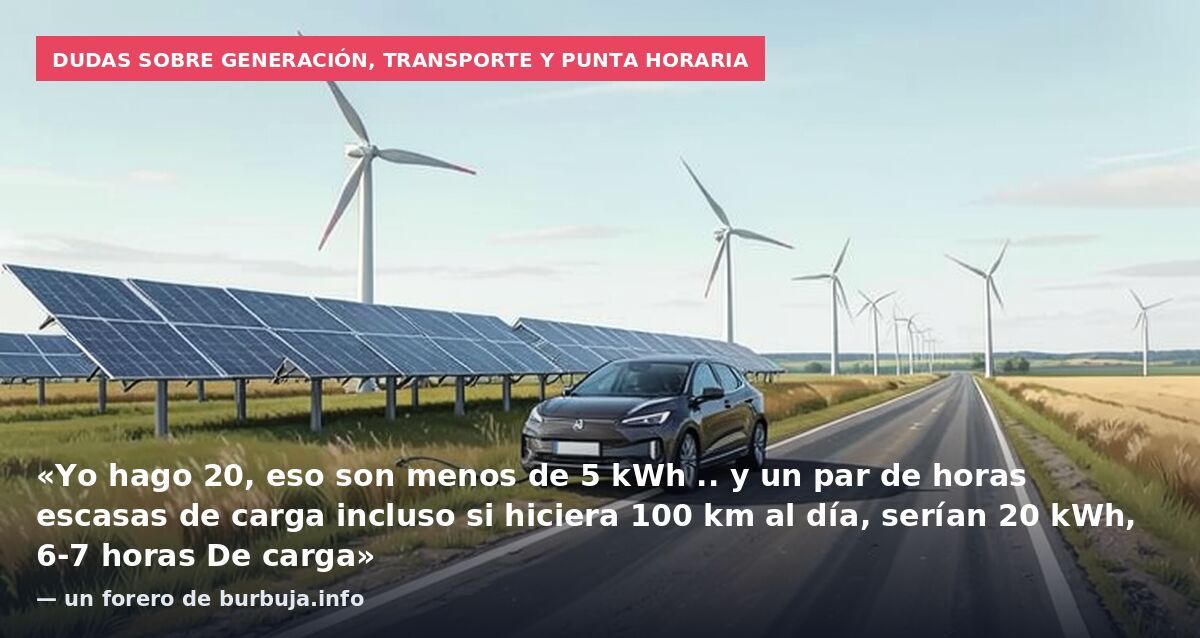 Dudas sobre generación, transporte y punta horaria: «Yo hago 20, eso son menos de 5 kWh .. y un par de horas escasas de carga incluso si hiciera 100 km al día, serían 20 kWh, 6-7 horas De carga» — un forero de burbuja.info
