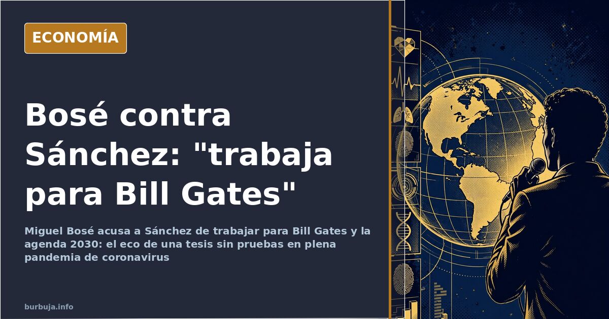 Ilustración editorial con la silueta de un cantante ante la agenda 2030 y Bill Gates, en el caso de Miguel Bosé