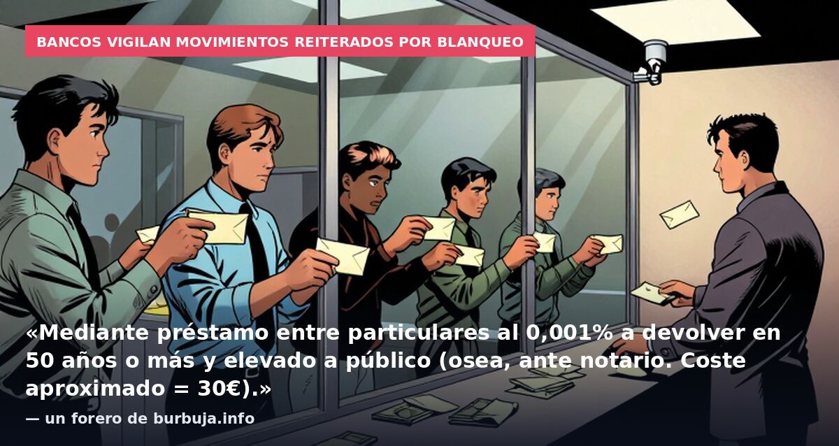 Bancos vigilan movimientos reiterados por blanqueo: «Mediante préstamo entre particulares al 0,001% a devolver en 50 años o más y elevado a público (osea, ante notario. Coste aproximado = 30€).» — un forero de burbuja.info