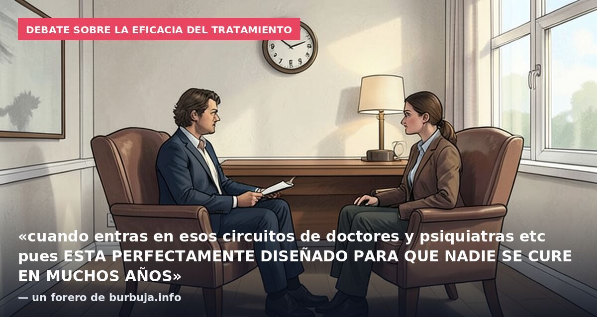 Debate sobre la eficacia del tratamiento: «cuando entras en esos circuitos de doctores y psiquiatras etc pues ESTA PERFECTAMENTE DISEÑADO PARA QUE NADIE SE CURE EN MUCHOS AÑOS» — un forero de burbuja.info