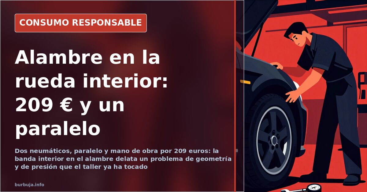 Neumático desgastado hasta el alambre en la banda de rodadura interior, montado sobre una llanta de aleación