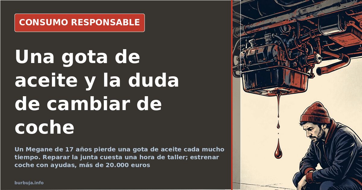 Mancha de aceite bajo un coche aparcado en un garaje, símbolo de la fuga que plantea reparar o cambiar de vehículo