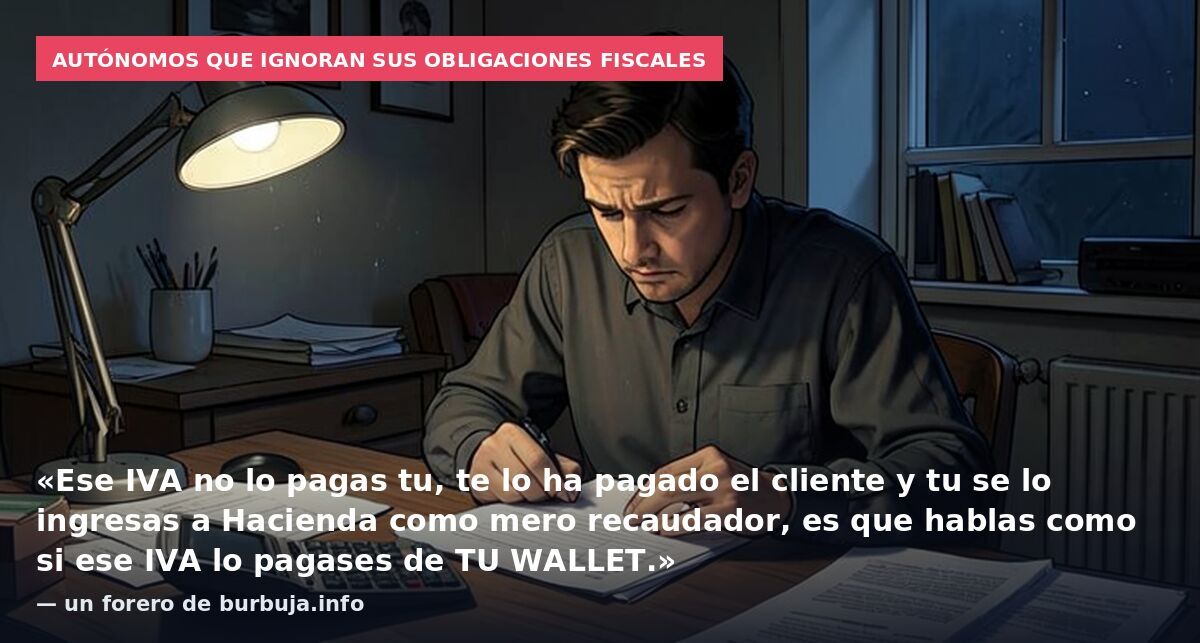 Autónomos que ignoran sus obligaciones fiscales: «Ese IVA no lo pagas tu, te lo ha pagado el cliente y tu se lo ingresas a Hacienda como mero recaudador, es que hablas como si ese IVA lo pagases de TU WALLET.» — un forero de burbuja.info