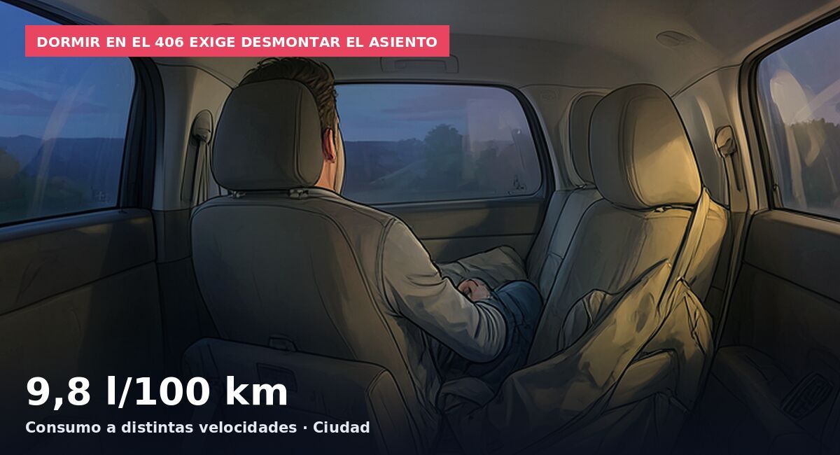 Dormir en el 406 exige desmontar el asiento: 9,8 l/100 km Consumo a distintas velocidades · Ciudad