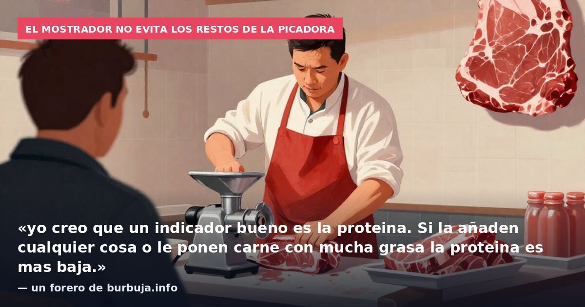 El mostrador no evita los restos de la picadora: «yo creo que un indicador bueno es la proteina. Si la añaden cualquier cosa o le ponen carne con mucha grasa la proteina es mas baja.» — un forero de burbuja.info