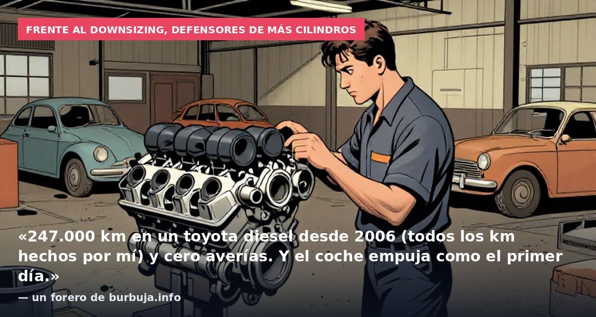 Frente al downsizing, defensores de más cilindros: «247.000 km en un toyota diesel desde 2006 (todos los km hechos por mí) y cero averías. Y el coche empuja como el primer día.» — un forero de burbuja.info