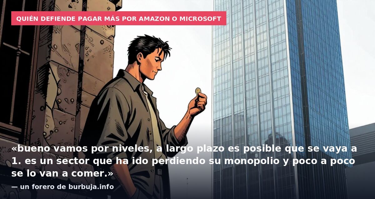 Quién defiende pagar más por Amazon o Microsoft: «bueno vamos por niveles, a largo plazo es posible que se vaya a 1. es un sector que ha ido perdiendo su monopolio y poco a poco se lo van a comer.» — un forero de burbuja.info