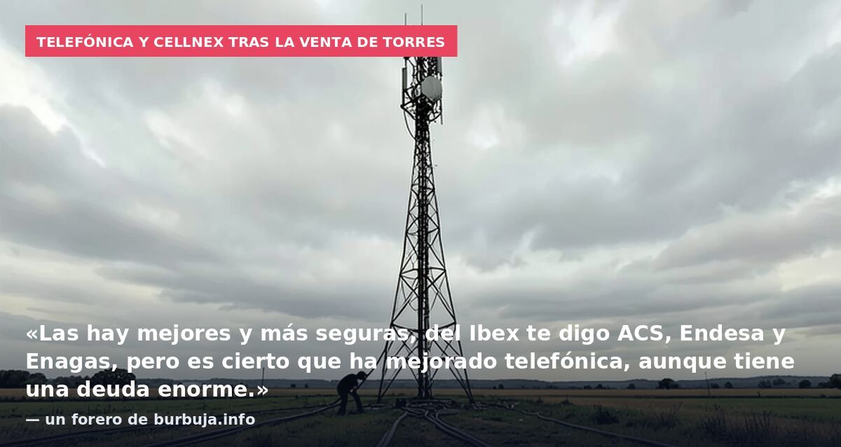 Telefónica y Cellnex tras la venta de torres: «Las hay mejores y más seguras, del Ibex te digo ACS, Endesa y Enagas, pero es cierto que ha mejorado telefónica, aunque tiene una deuda enorme.» — un forero de burbuja.info