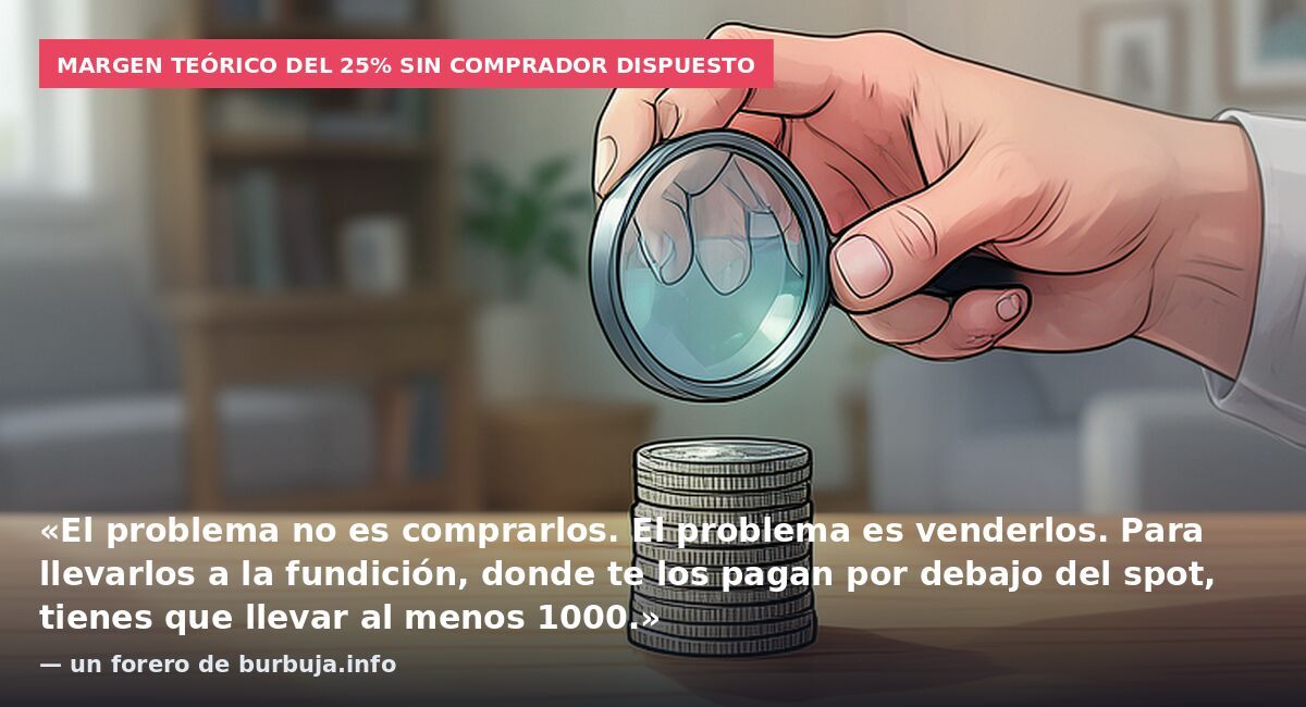 Margen teórico del 25% sin comprador dispuesto: «El problema no es comprarlos. El problema es venderlos. Para llevarlos a la fundición, donde te los pagan por debajo del spot, tienes que llevar al menos 1000.» — un forero de burbuja.info
