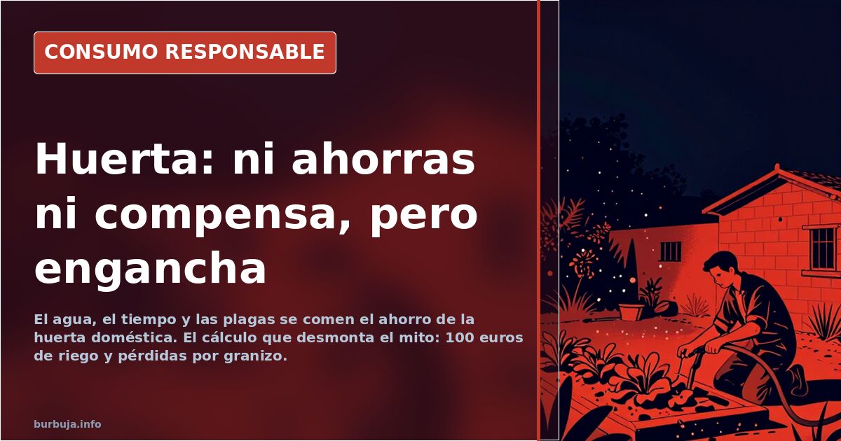 Persona mayor trabajando la tierra con azada en un huerto urbano, con tomateras y hortalizas de fondo
