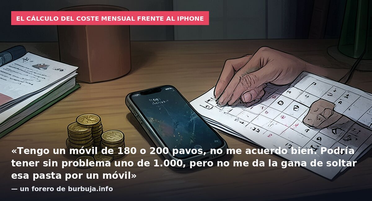 El cálculo del coste mensual frente al iPhone: «Tengo un móvil de 180 o 200 pavos, no me acuerdo bien. Podría tener sin problema uno de 1.000, pero no me da la gana de soltar esa pasta por un móvil» — un forero de burbuja.info