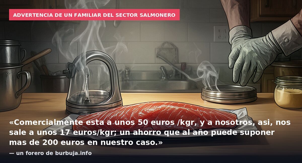 Advertencia de un familiar del sector salmonero: «Comercialmente esta a unos 50 euros /kgr, y a nosotros, asi, nos sale a unos 17 euros/kgr; un ahorro que al año puede suponer mas de 200 euros en nuestro caso.» — un forero de burbuja.info