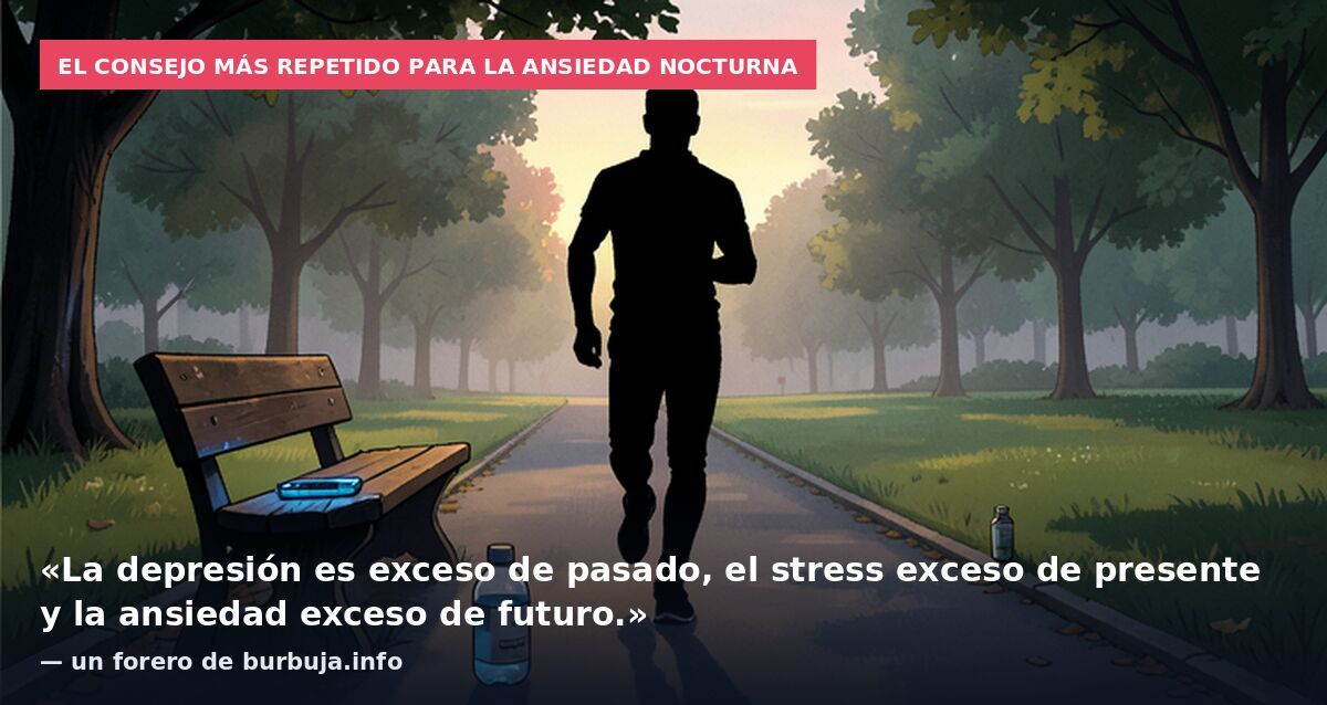 El consejo más repetido para la ansiedad nocturna: «La depresión es exceso de pasado, el stress exceso de presente y la ansiedad exceso de futuro.» — un forero de burbuja.info