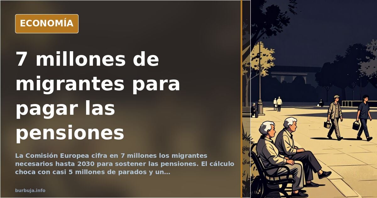 Ilustración editorial de una balanza con figuras humanas en un lado y monedas de pensión en el otro, en tonos azul marino y d