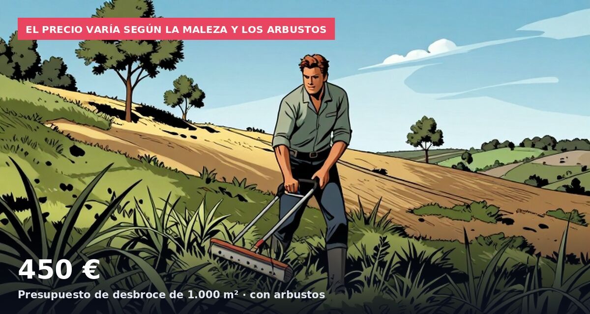 El precio varía según la maleza y los arbustos: 450 € Presupuesto de desbroce de 1.000 m² · con arbustos