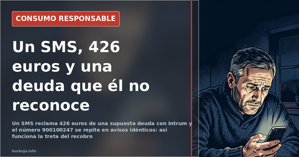Pantalla de móvil mostrando un SMS de Intrum con una reclamación de deuda y el número 900100247