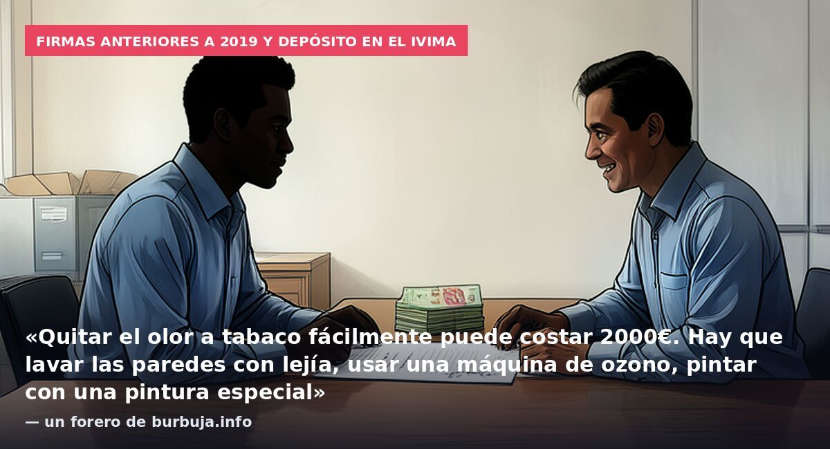 Firmas anteriores a 2019 y depósito en el IVIMA: «Quitar el olor a tabaco fácilmente puede costar 2000€. Hay que lavar las paredes con lejía, usar una máquina de ozono, pintar con una pintura especial» — un forero de burbuja.info