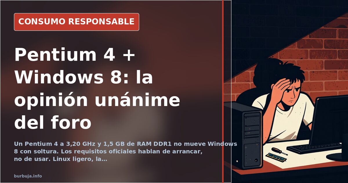Procesador Pentium 4 sobre placa base con módulos de memoria DDR1, el hardware que protagoniza el debate sobre Windows 8